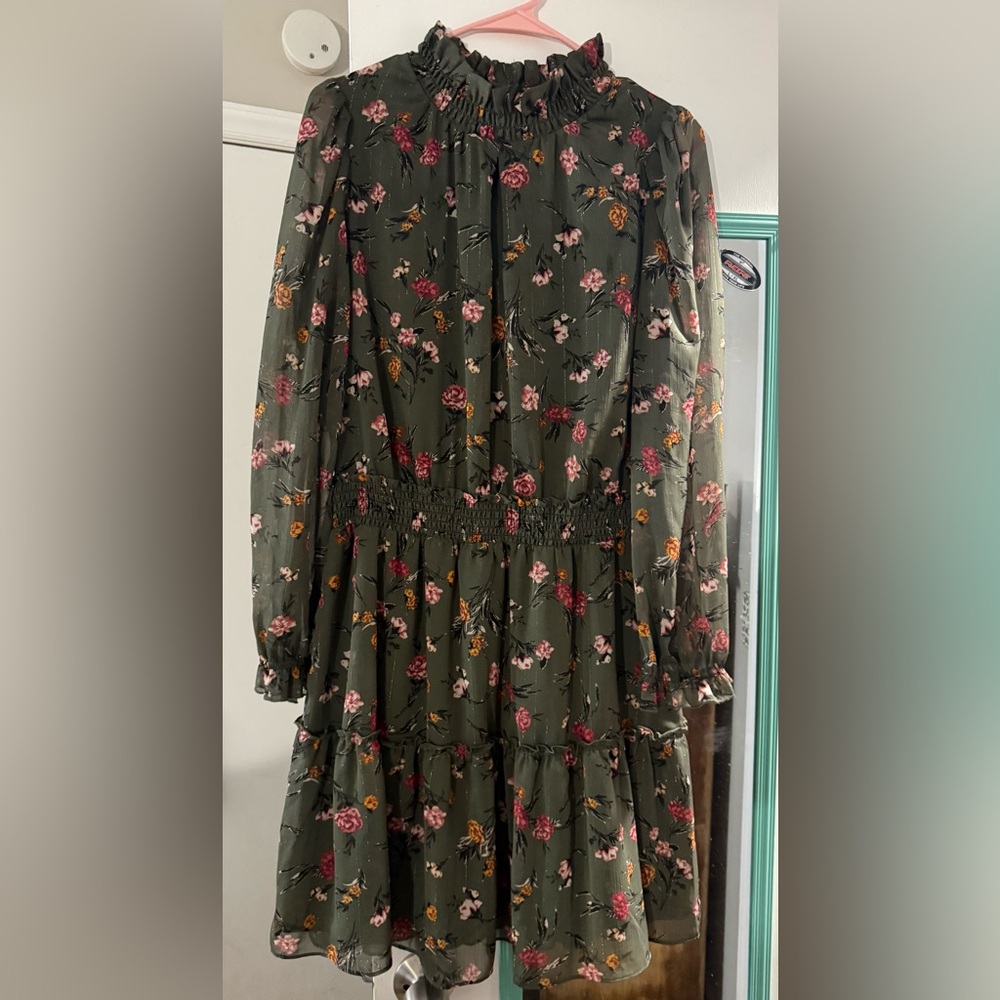 DREW Floral Long Sleeve Dress in Green and Pink